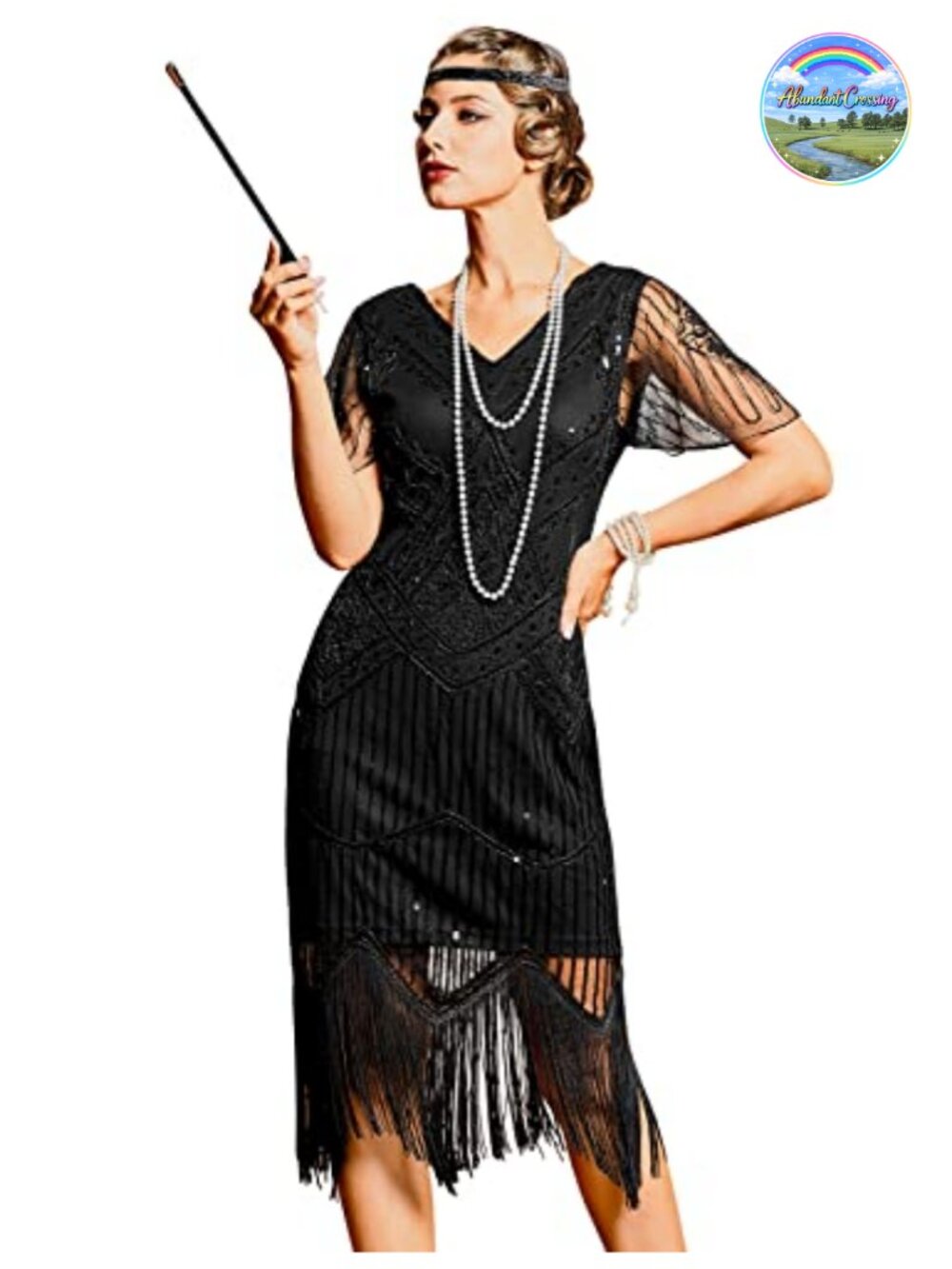 1920s Flapper Dress Sequin Fringe Cocktail Midi Dress Short Sleeve V-Neck